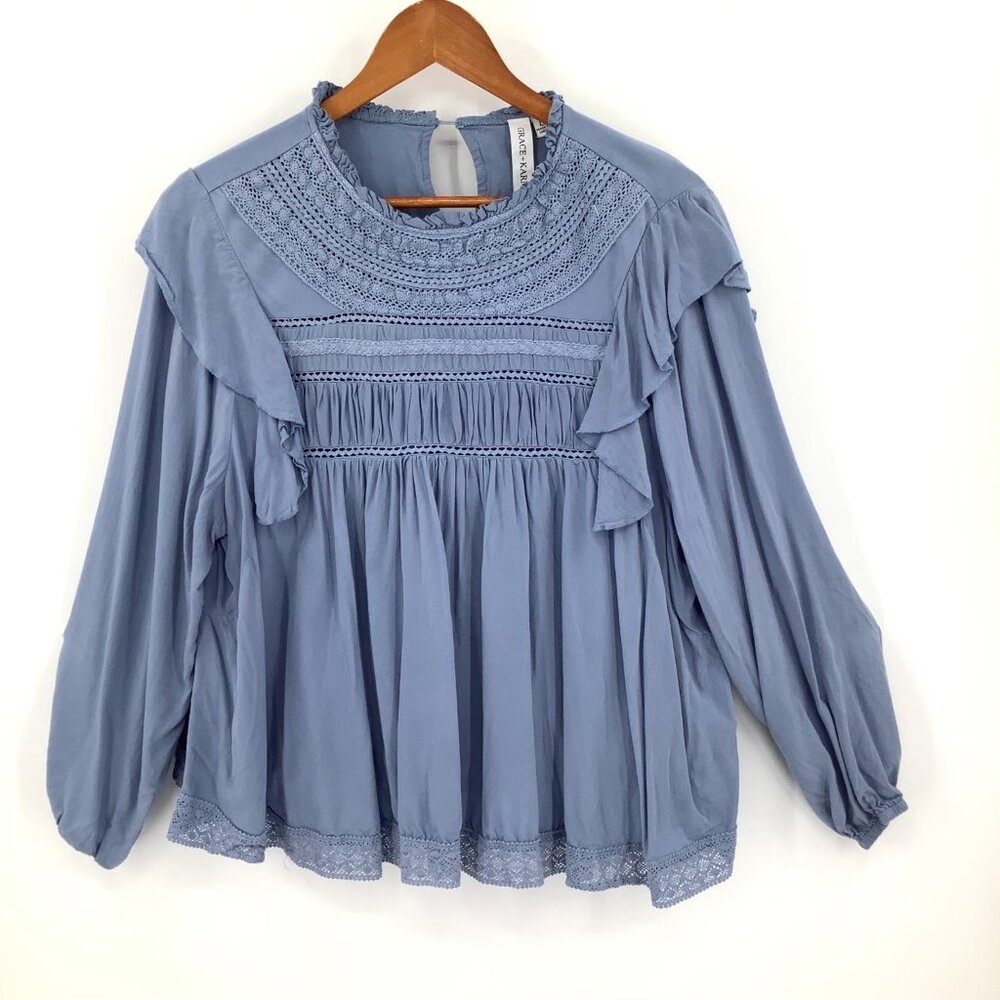 Grace + Karma Women's Blue Lace Ruffle Blouse Top L Rayon Cotton